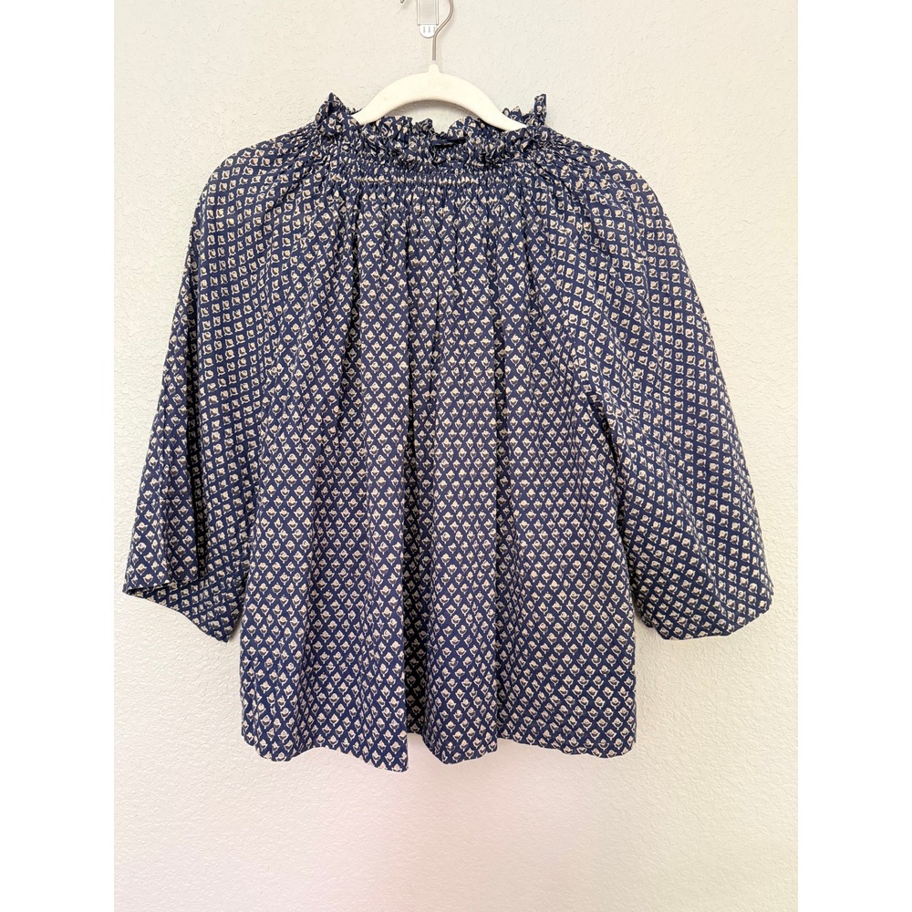 Mirth Womens Small Navy Blue Block Print Smocked Ruffle Neck Cotton Blouse Top